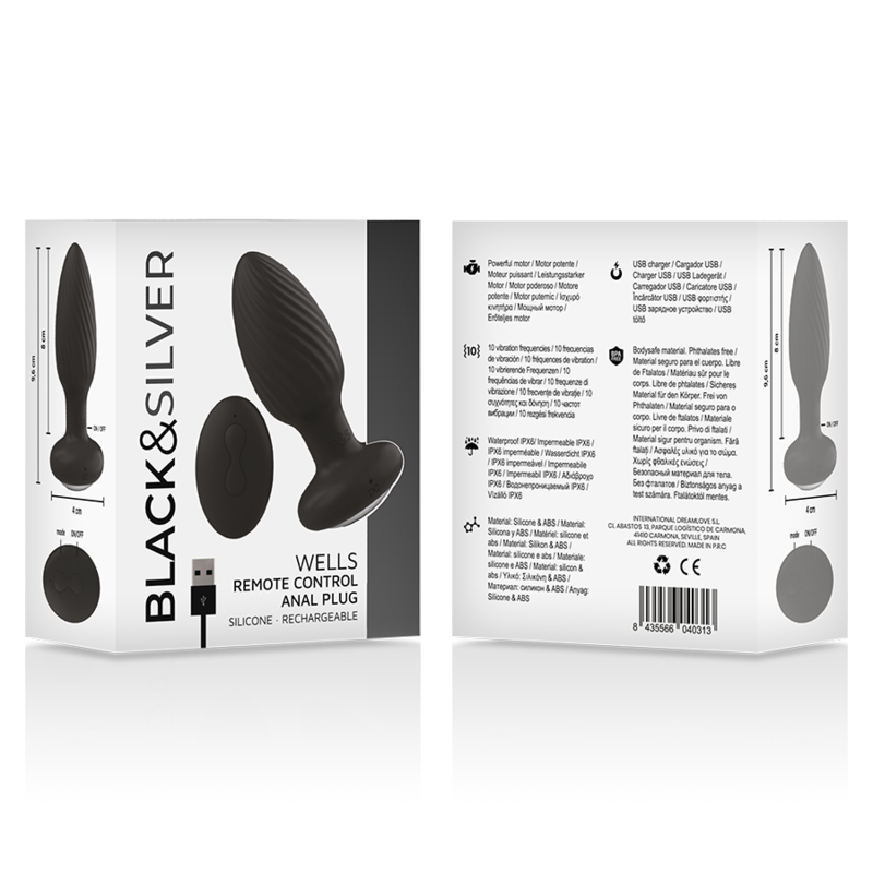 BLACK&SILVER Télécommande Rotateur Anal Silicone Wells Plug — accessoires inclus