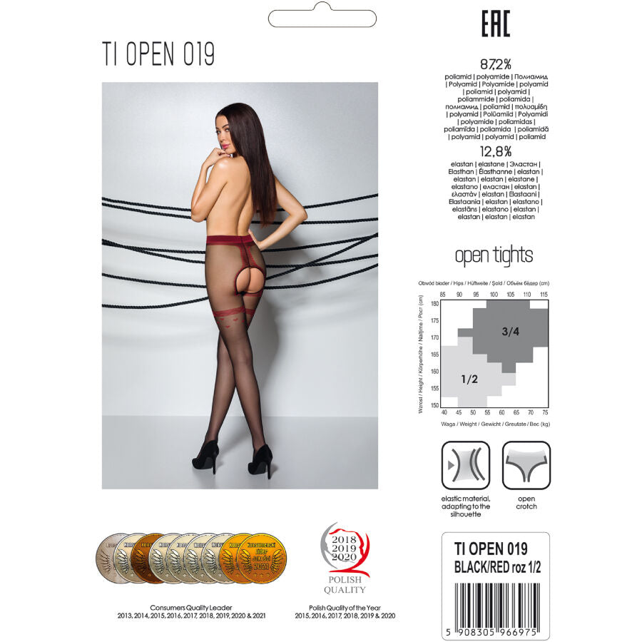 PASSION WOMAN GARTER & STOCK Tiopen 019 Collants Noir/Rouge 1/2 20 Den — accessoires inclus