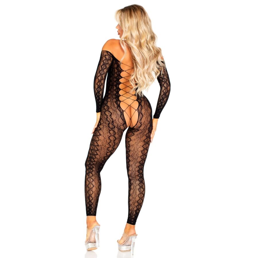LEG AVENUE BODYSTOCKINGS Bodystocking Sans Fourche Dentelle Serpent Exotique Noire — vue détaillée