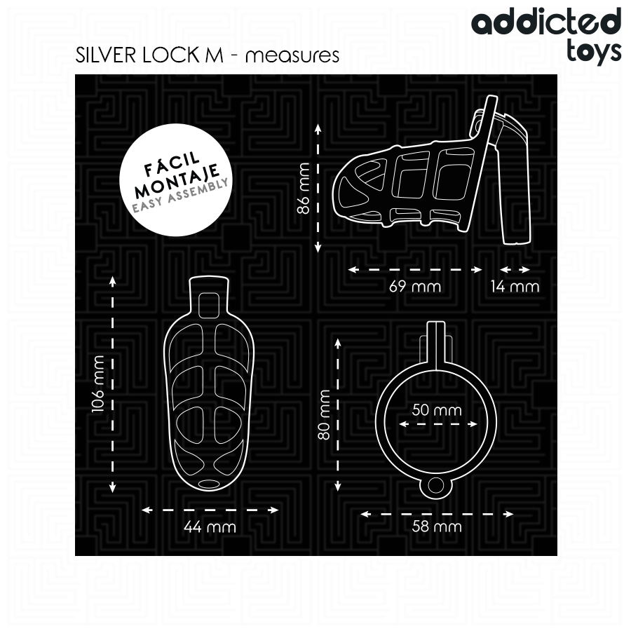 ADDICTED TOYS LOCKED Cage À Pénis Métal Verrou Argent Taille M — accessoires inclus
