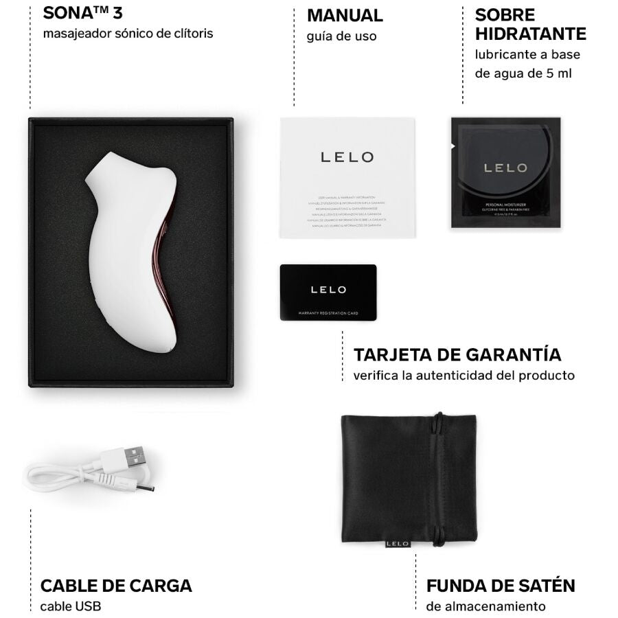 LELO Sona 3 Crème Massage Clitoral Sonic — accessoires inclus