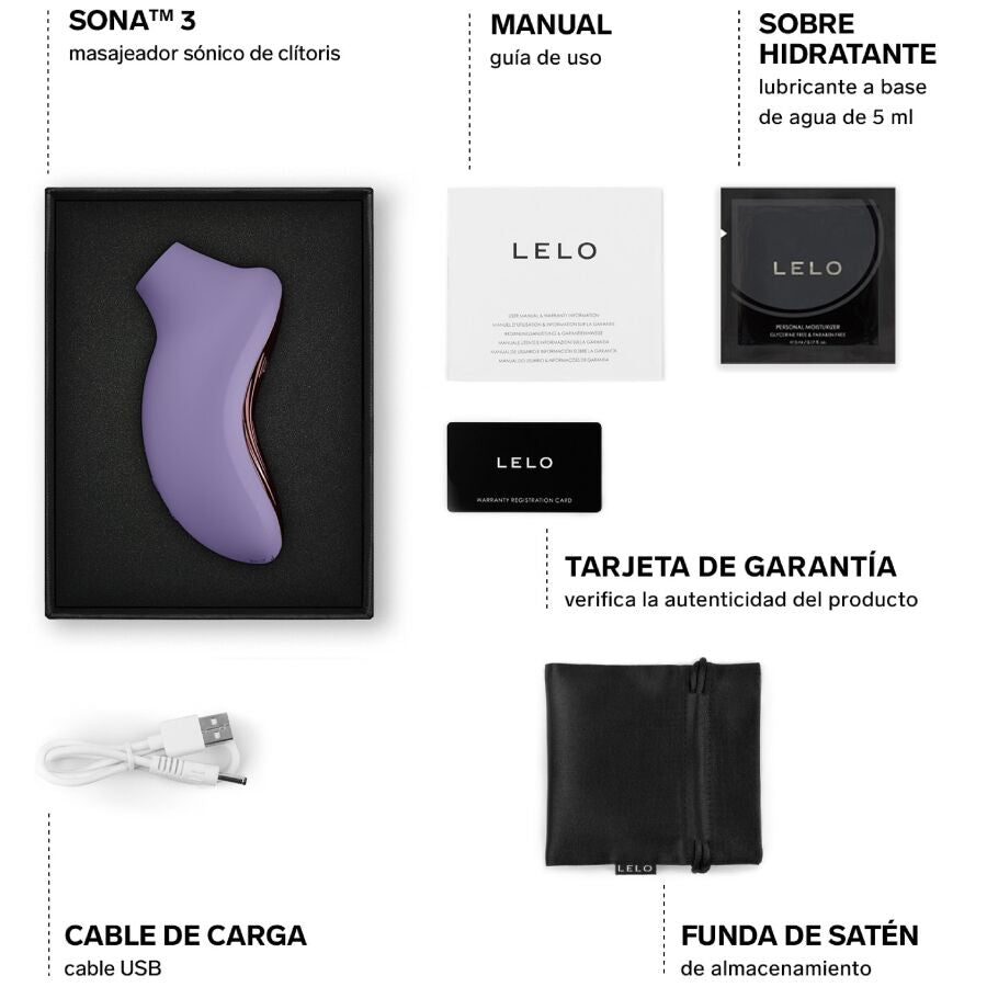 LELO Sona 3 Masseur Clitoral Sonique Violet Dusk — accessoires inclus