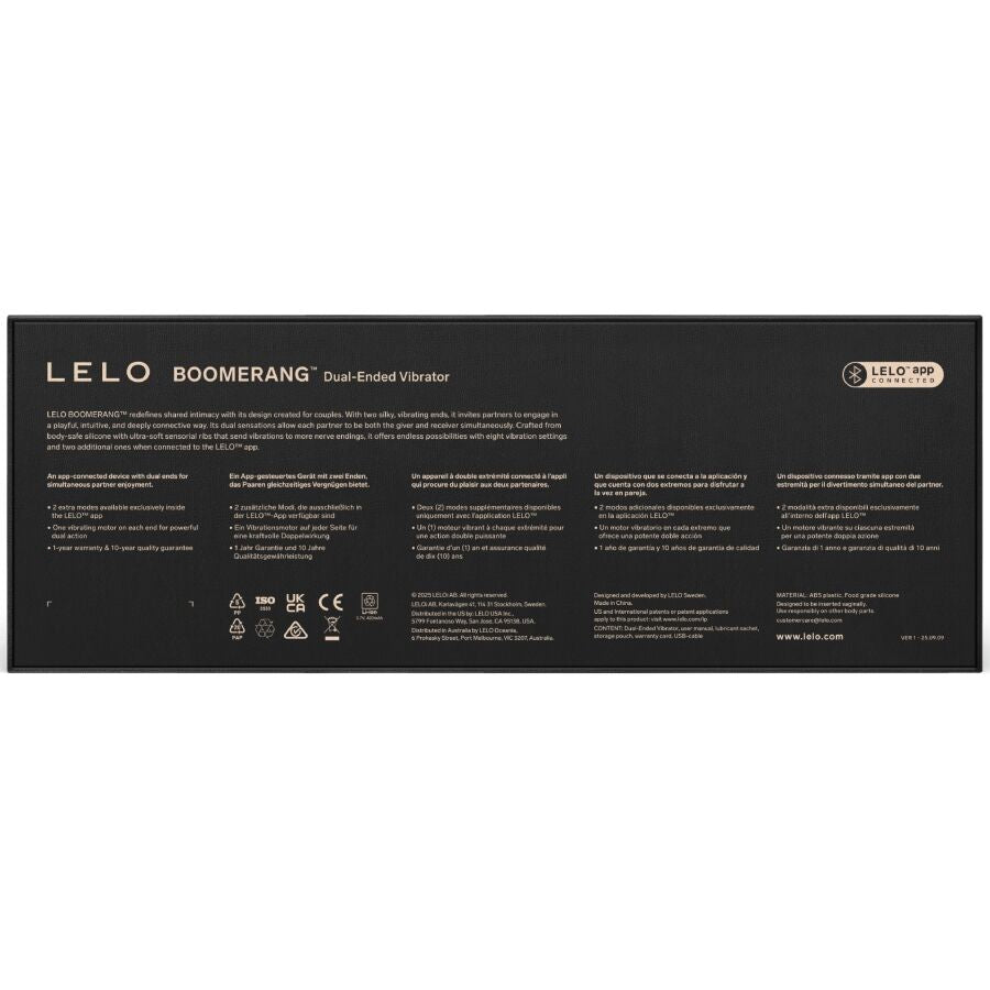 LELO BOOMERANG VIBRATEUR À DOUBLE EXTRÉMITÉ CERISE — accessoires inclus