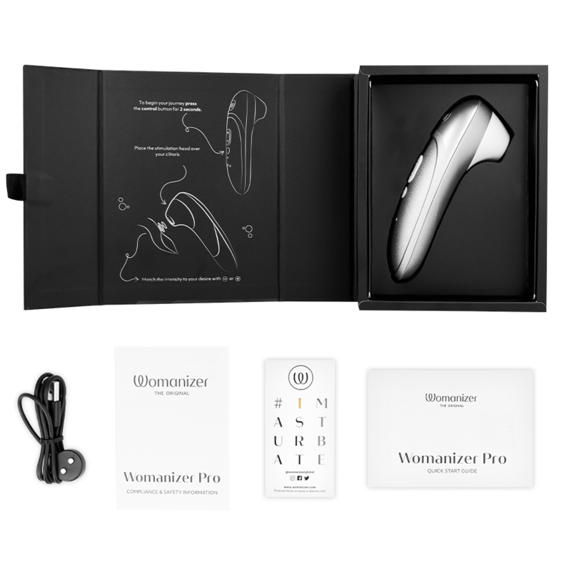WOMANIZER STIMULATEUR CLITORIAL VIBRANT PRO GRIS ARGENTÉ — accessoires inclus