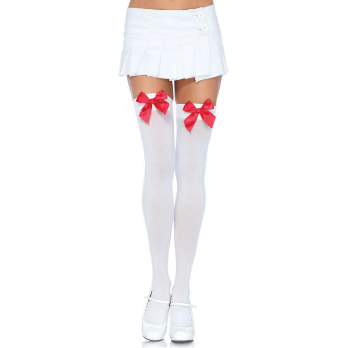 LEG AVENUE HOSIERY Cuisses Hautes Nylon Noeud Blanc / Rouge - Aura Intime