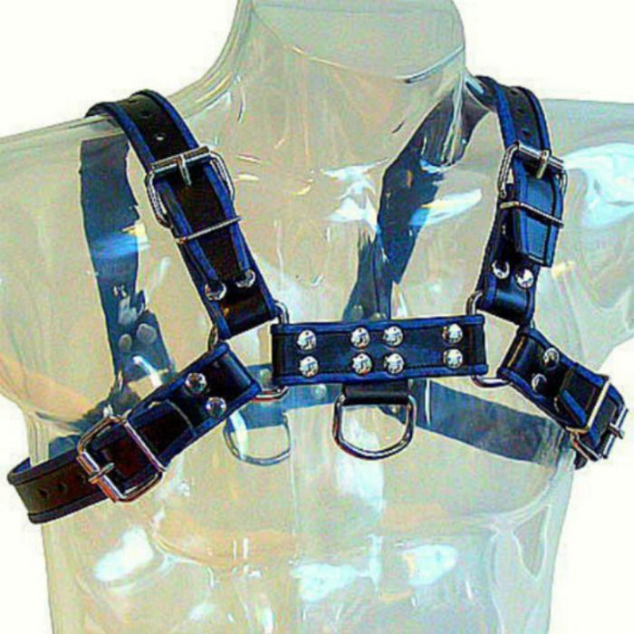 LEATHER BODY Harnais Cuir Bleu Noir Poitrine Bulldog — vue détaillée