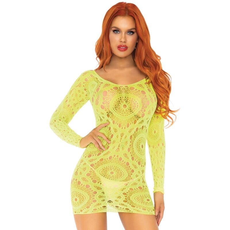 LEG AVENUE DRESSES Mini Robe Dentelle Crochet Manches Longues Néon Taille Un... — vue détaillée