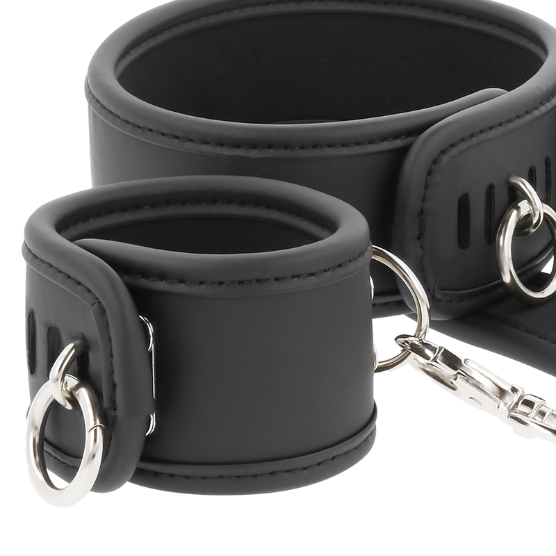 FETISH SUBMISSIVE BONDAGE Collier Menottes Cuir Végan Doublure Noprène — accessoires inclus