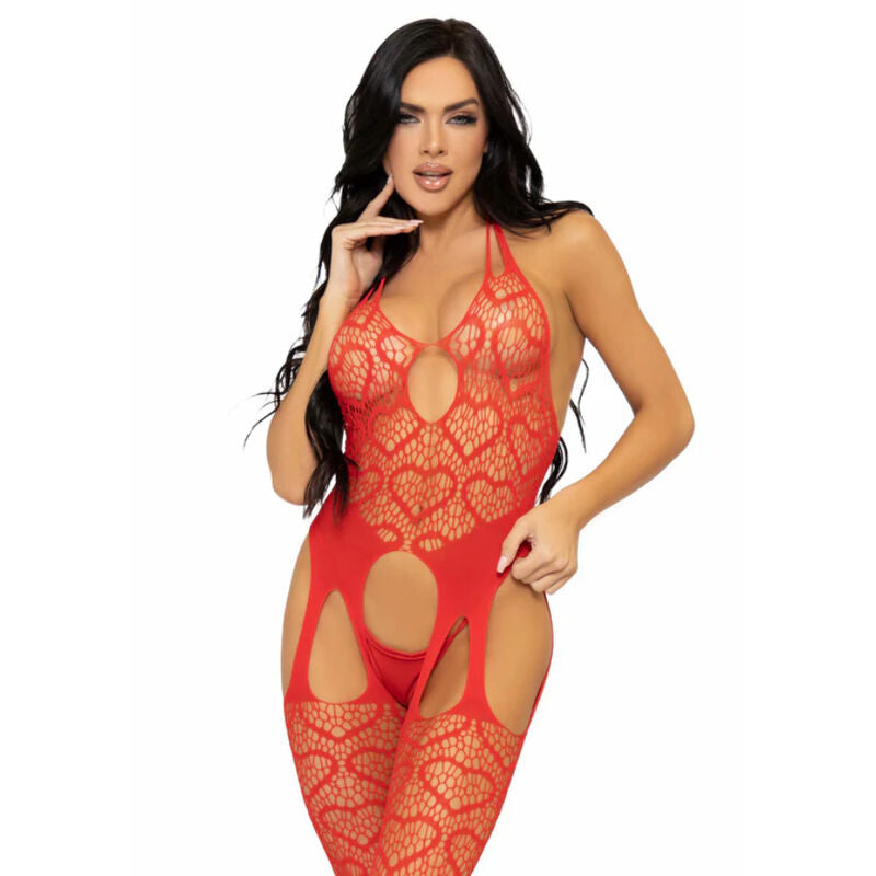 LEG AVENUE BODYSTOCKINGS Bodystocking Jarretelles Filet Taille Unique - Rouge - Aura Intime