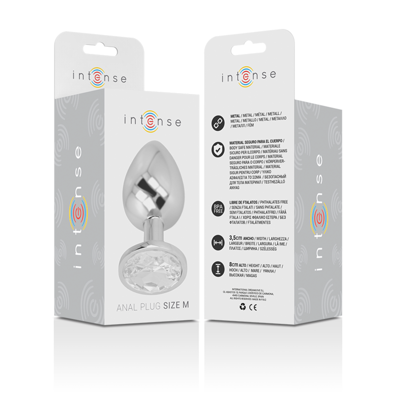 INTENSE ANAL TOYS Plug Anal Métal Aluminium Cristal Dargent Taille M — accessoires inclus