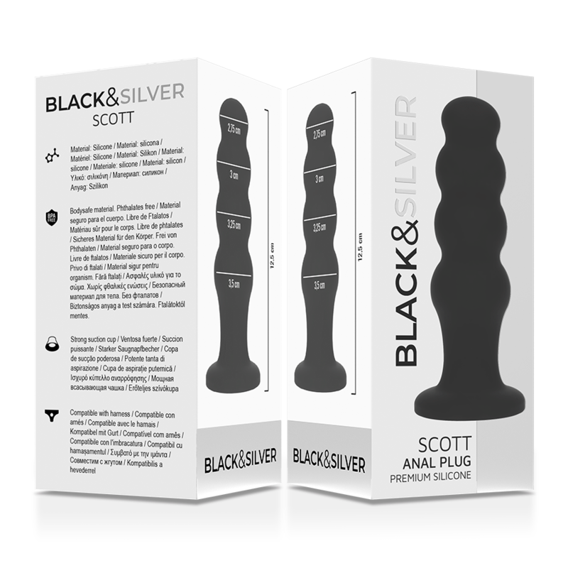 BLACK&SILVER Plug Anal Silicone Scott Premium Noir — accessoires inclus
