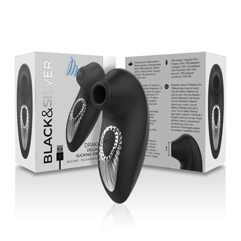 BLACK&SILVER Drake Deluxe Sucking Vibe Rechargeable Silicone Noir — accessoires inclus