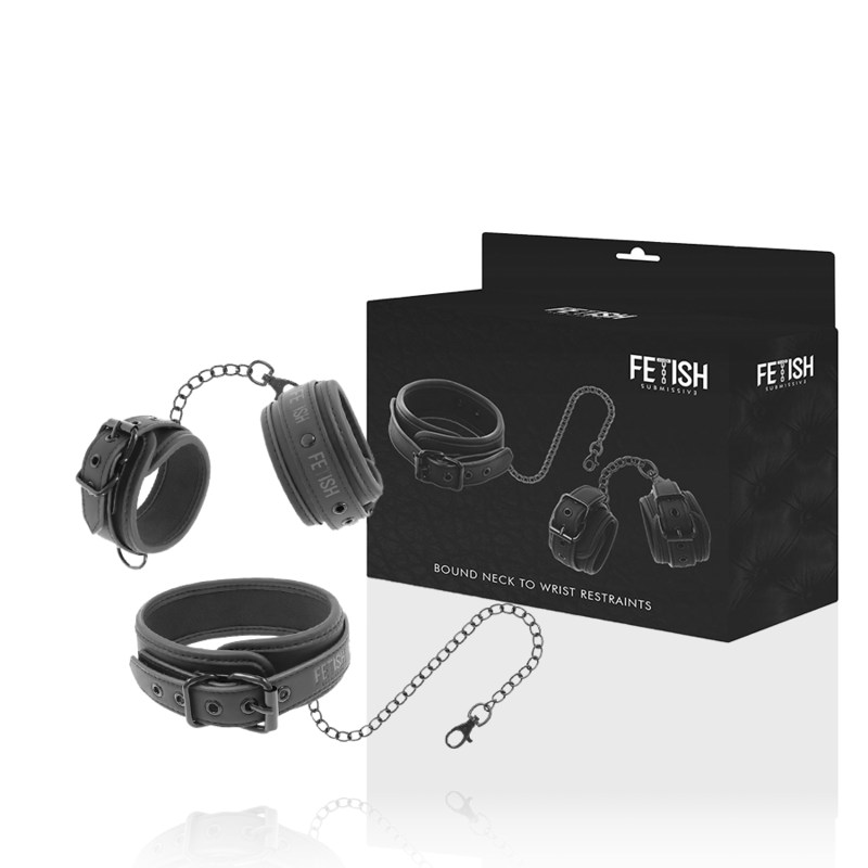 FETISH SUBMISSIVE BONDAGE Collier Menottes Cuir Végan Doublure Noprène — vue détaillée