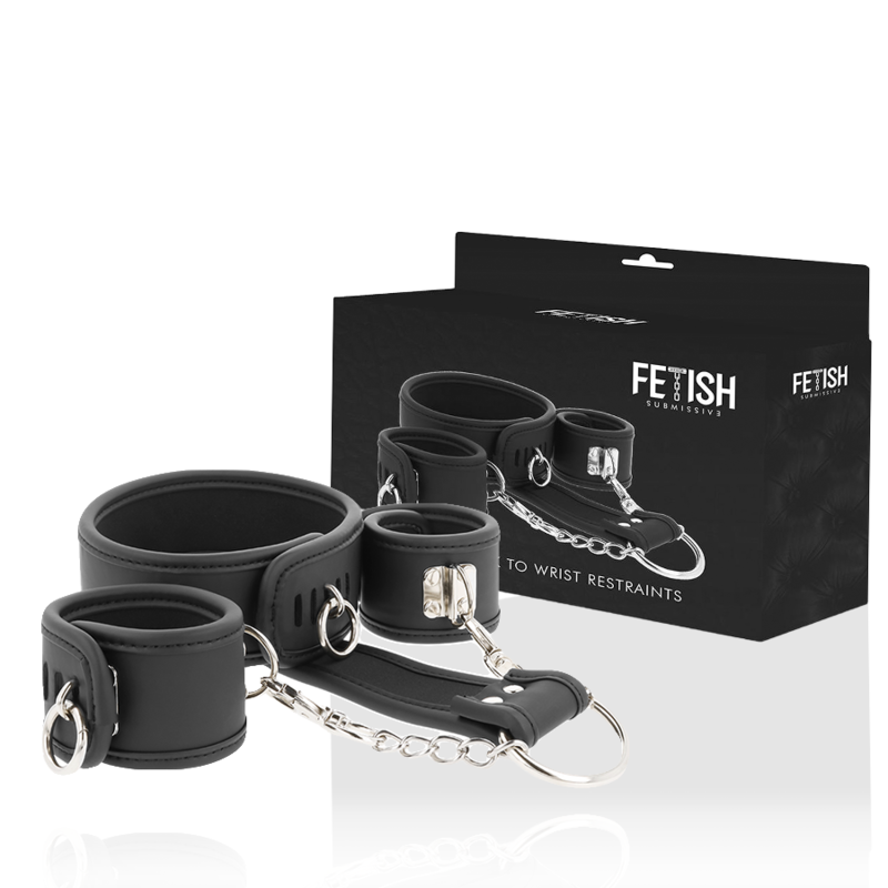 FETISH SUBMISSIVE BONDAGE Collier Menottes Cuir Végan Doublure Noprène — vue détaillée
