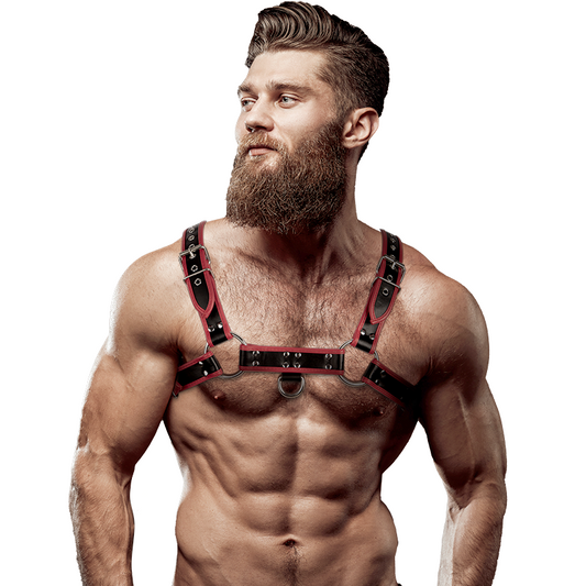FETISH SUBMISSIVE ATTITUDE Harnais Poitrine Éco-Cuir Homme Noir/Rouge - Aura Intime