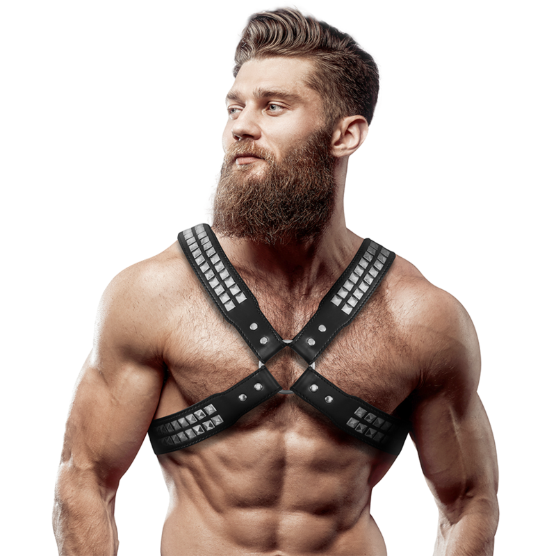 FETISH SUBMISSIVE ATTITUDE Harnais Cuir Écologique Hommes Poitrine Croisée Rivets - Aura Intime