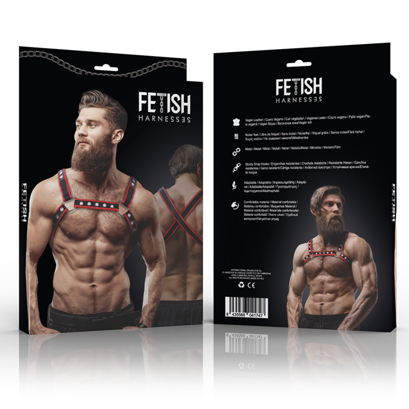 FETISH SUBMISSIVE ATTITUDE Harnais Poitrine Bulldog Cuir Écologique Hommes Noir/Rouge — vue détaillée