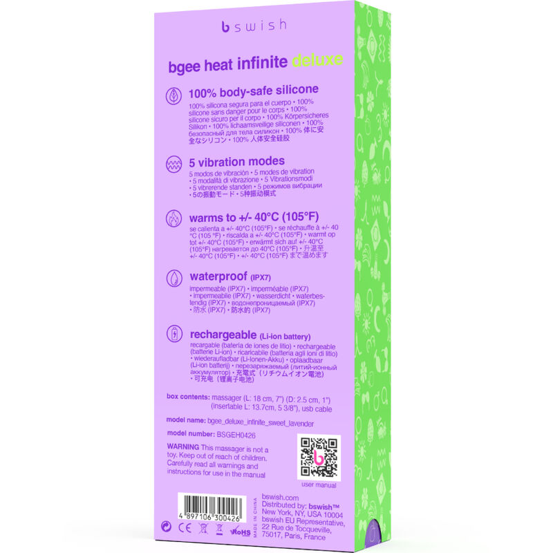 B SWISH Vibrateur Rechargeable Bgee Heat Infinite Deluxe Lavande ... — accessoires inclus