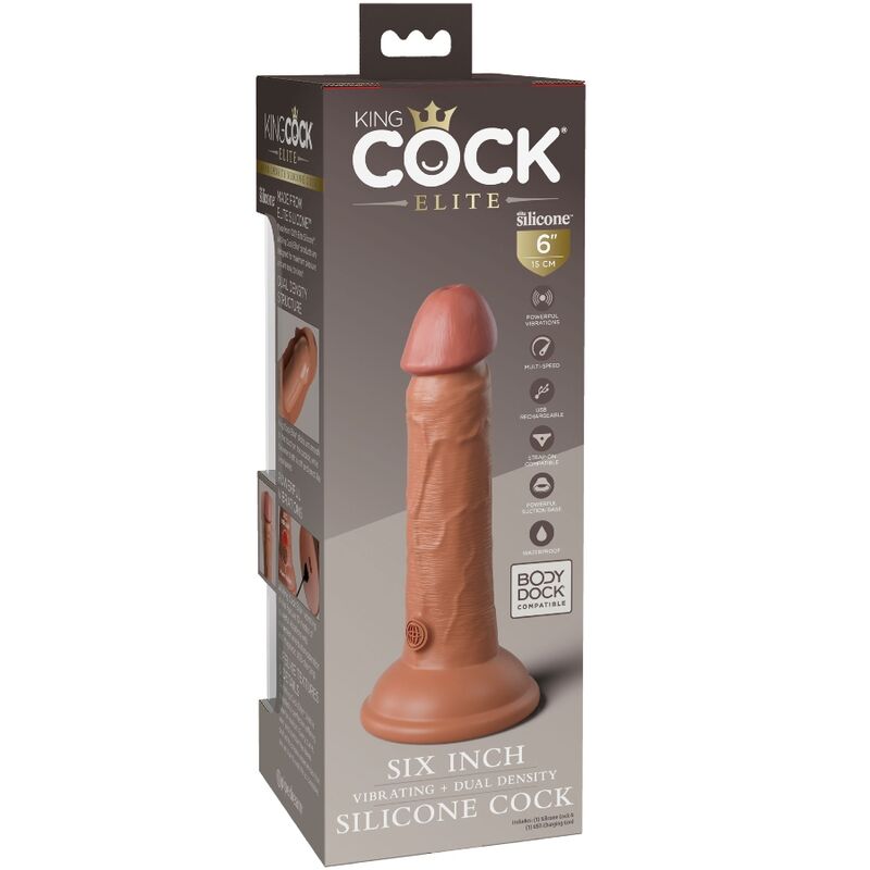 KING COCK ELITE GODE RÉALISTE VIBRANT & SILICONE 15.2 CM CARAMEL — accessoires inclus