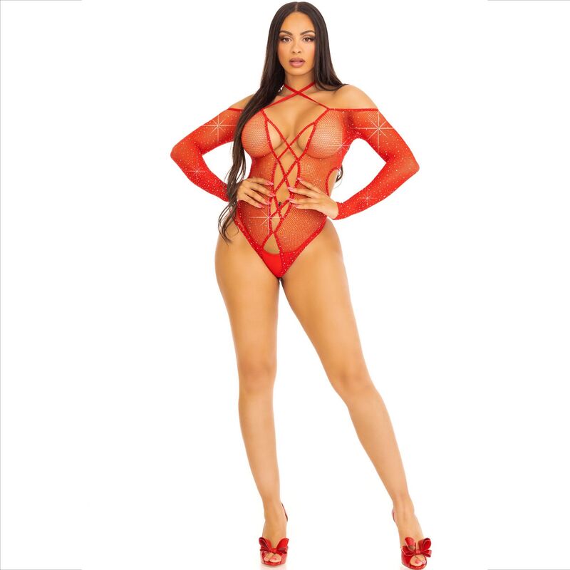 LEG AVENUE BODYSTOCKINGS Corps Crothless Rouge Brillant — accessoires inclus