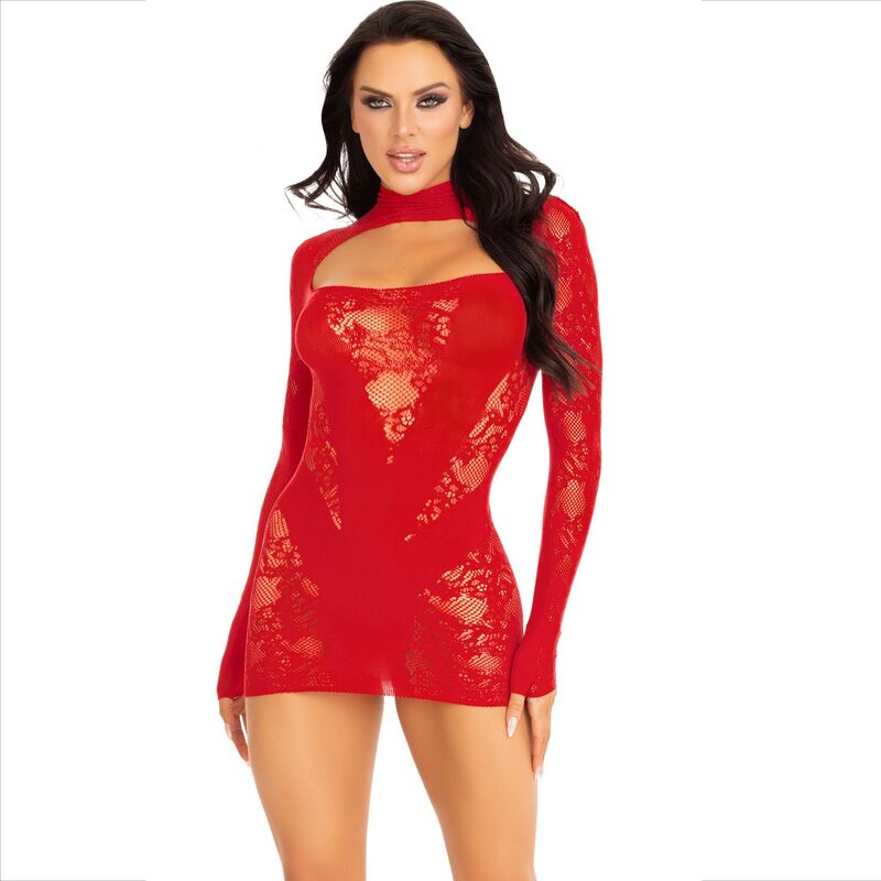 LEG AVENUE DRESSES Mini Robe Dentelle Manches Longues Rouge - Aura Intime