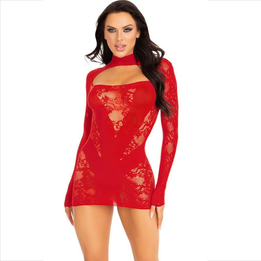 LEG AVENUE DRESSES Mini Robe Dentelle Manches Longues Rouge - Aura Intime