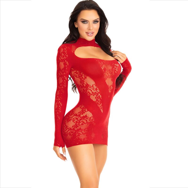 LEG AVENUE DRESSES Mini Robe Dentelle Manches Longues Rouge — vue détaillée