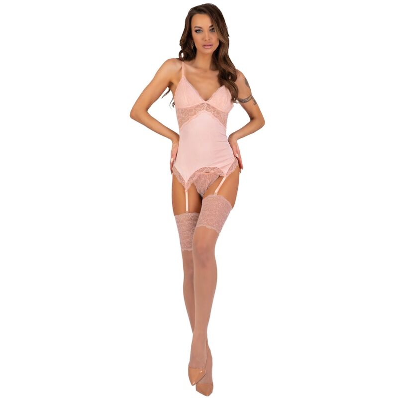 LIVCO CORSETTI SETS Ensemble Persinne Pêche Corset + Culotte + Bas - Aura Intime