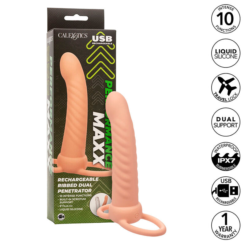 CALEXOTICS MAXX DOUBLE PÉNÉTRATEUR NERVURÉ 10 VIBRATIONS FLESH - Aura Intime