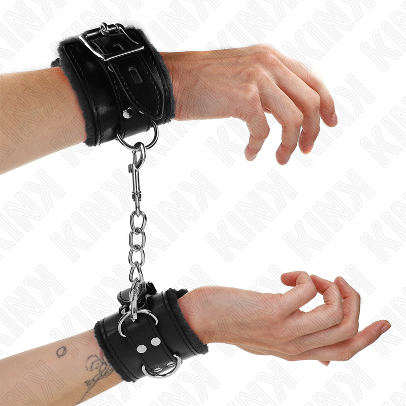 KINK WRIST RESTRAINT Appui-Poignets Doublés Fourrure Noir Ceinture Noire Régla... - Aura Intime