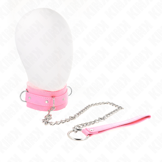 KINK COLLAR & GAG Collier Laisse 65 Cm Restrictions Rose 36-42 Cm X 5,5 Cm - Aura Intime