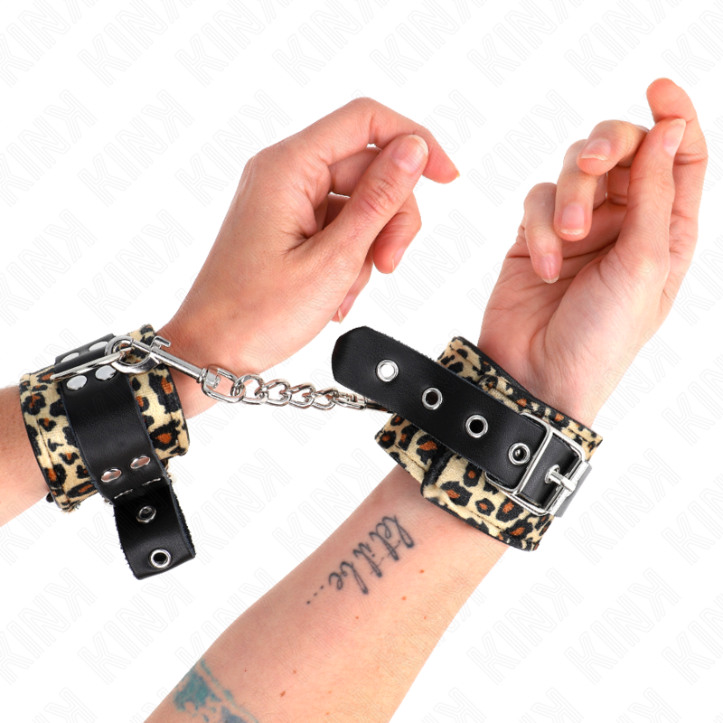 KINK WRIST RESTRAINT Retenue-Poignet Cuir Vrai Léopard Réglable 18-29 Cm X 5,5 Cm - Aura Intime