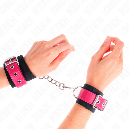 KINK WRIST RESTRAINT Appui-Poignets Nylon Noir Ceinture Cuirette Rose Frambois... - Aura Intime