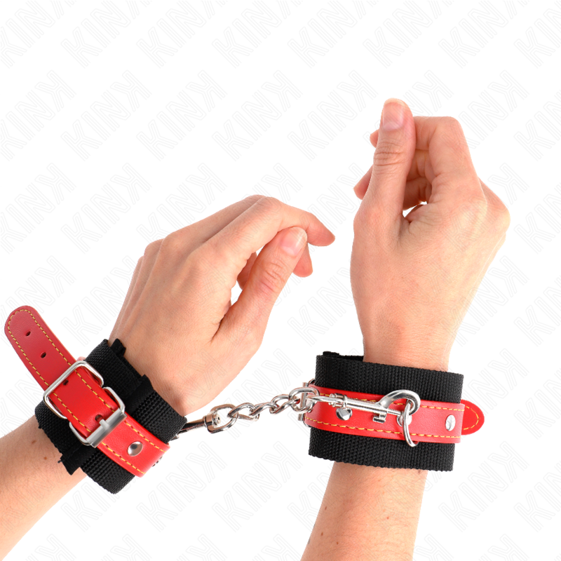 KINK WRIST RESTRAINT Appui-Poignets Nylon Noir Cuir Rouge Ajustable 19-24 Cm X... - Aura Intime