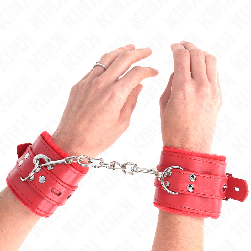 KINK WRIST RESTRAINT Appui-Poignets Doublés Fourrure Trous Carrés Rouge Ceintu... - Aura Intime