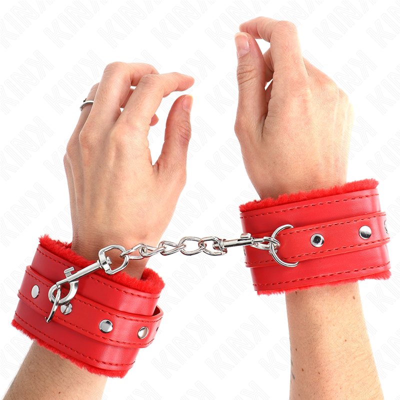 KINK WRIST RESTRAINT Appui-Poignets Doublés Fourrure Premium Rouge Ceinture Ro... - Aura Intime