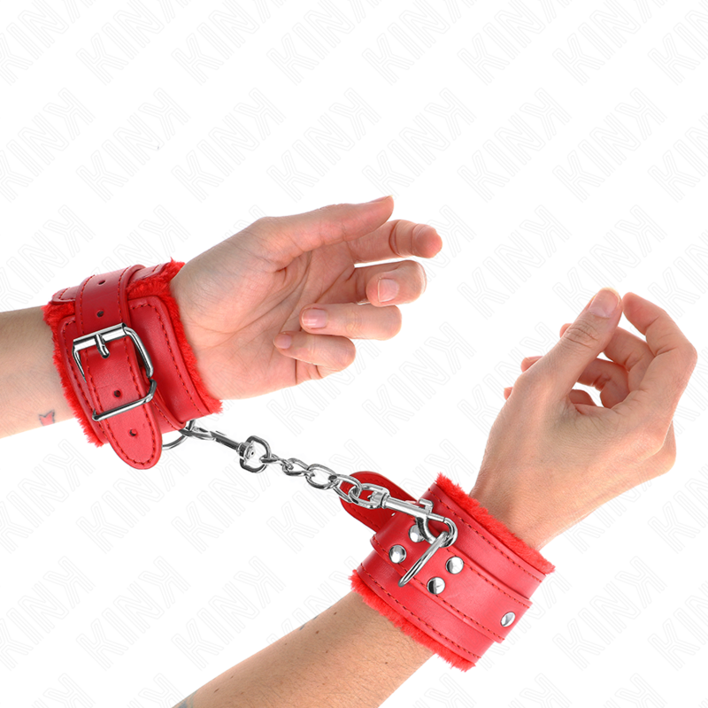KINK WRIST RESTRAINT Appui-Poignets Doublés Fourrure Rouge Ceinture Rouge Régl... - Aura Intime