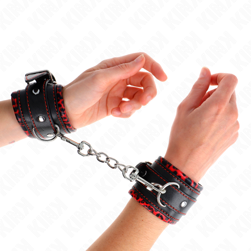KINK WRIST RESTRAINT Appui-Poignets Doublés Fourrure Rouge / Noir Réglable 17-... - Aura Intime