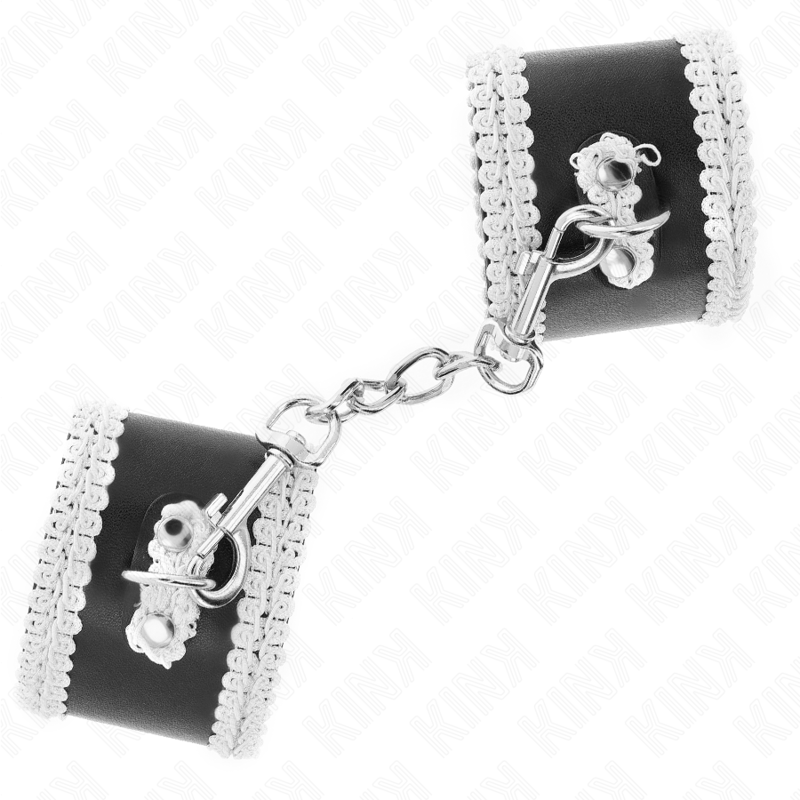 KINK WRIST RESTRAINT Appui-Poignets Noir Dentelle Décorée Blanche Réglable 20-... — vue alternative