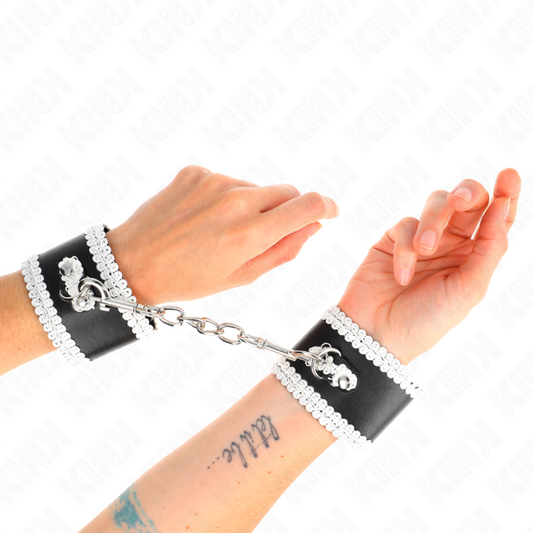 KINK WRIST RESTRAINT Appui-Poignets Noir Dentelle Décorée Blanche Réglable 20-... - Aura Intime