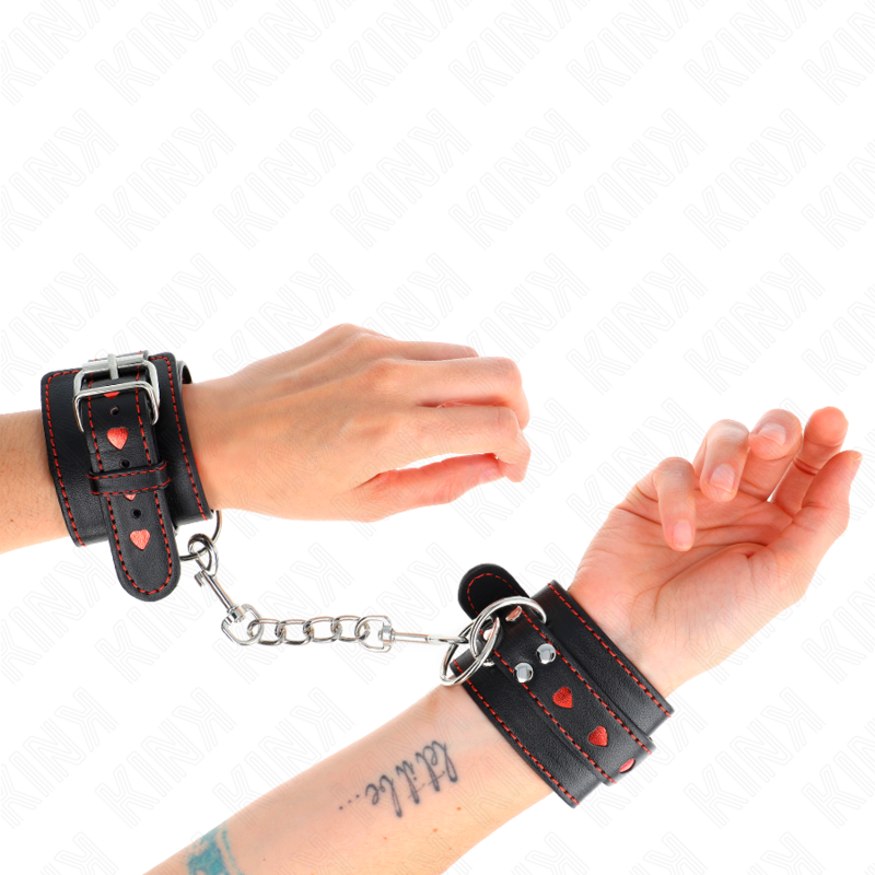 KINK WRIST RESTRAINT Appui-Poignets Noir Incrustation Coeur Rouge Réglable 21-... - Aura Intime