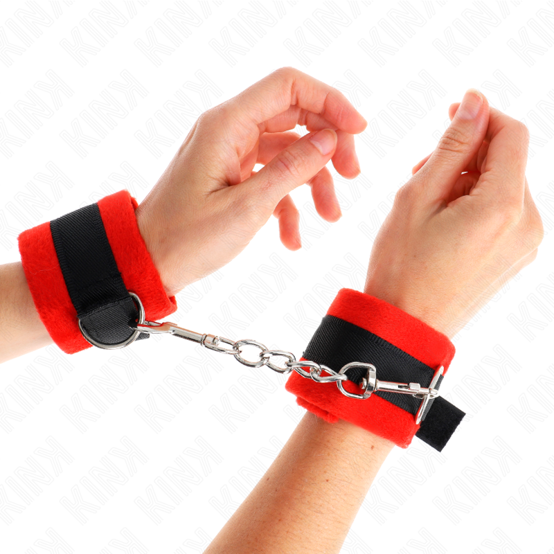 KINK WRIST RESTRAINT Manchettes Débutant Fourrure Noir-Rouge 30 X 7 Cm - Aura Intime