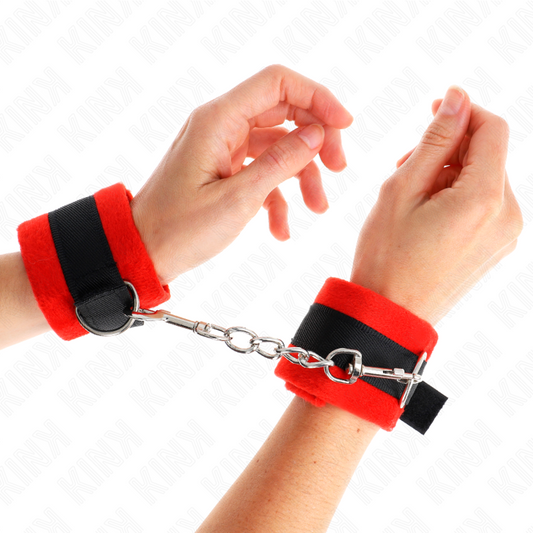 KINK WRIST RESTRAINT Manchettes Débutant Fourrure Noir-Rouge 30 X 7 Cm - Aura Intime