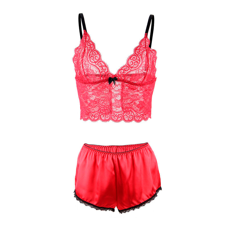SUBBLIME SETS 953898 Chemisier Nuit Soie Dentelle + Culotte Rouge S/M — accessoires inclus