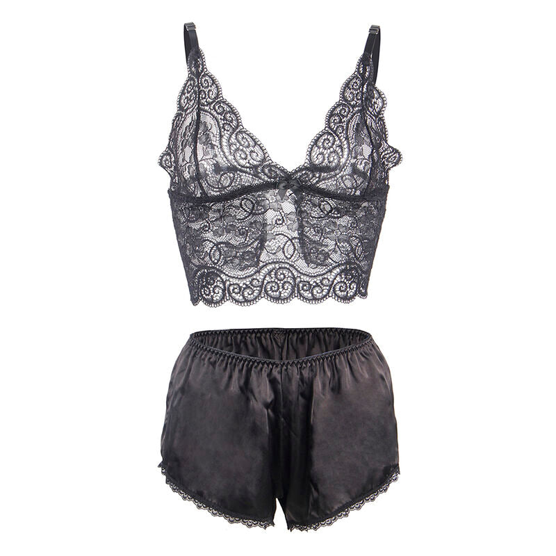 SUBBLIME SETS 953928 Chemisier Nuit Soie Dentelle + Culotte Noire L/Xl — accessoires inclus