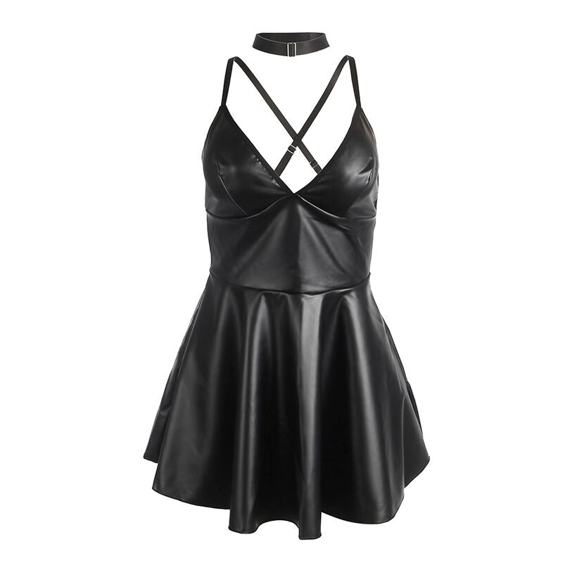 SUBBLIME DRESSES 955373 Robe À Bretelles Cuir Noir S/M — accessoires inclus
