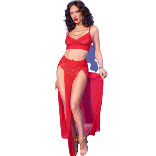 CHILIROSE SETS Cr 4850 Ensemble Top Leggings Rouge Accessoires Dorés M - Aura Intime