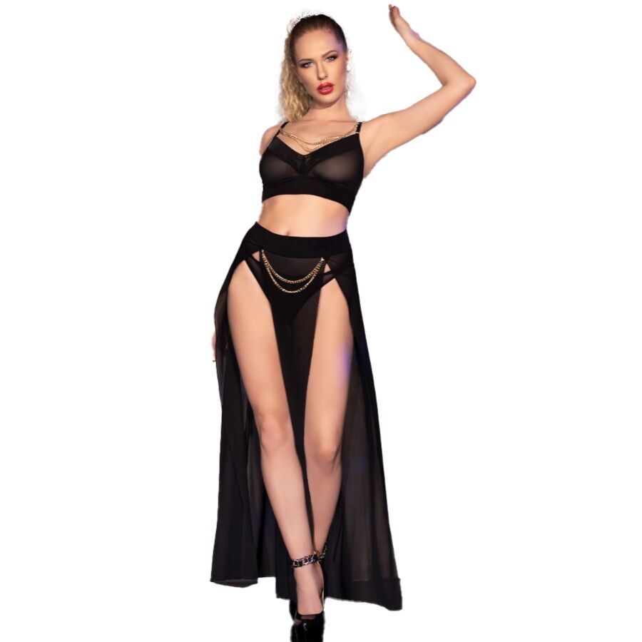 CHILIROSE SETS Cr 4672 Jupe Top Noire String Chaînes Doré L - Aura Intime