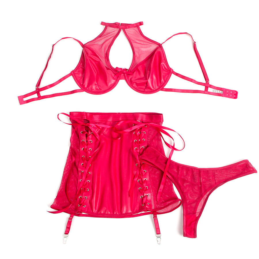 SUBBLIME SETS 957605 Ensemble Soutien-Gorge Jupe Cuir Rouge S/M — accessoires inclus