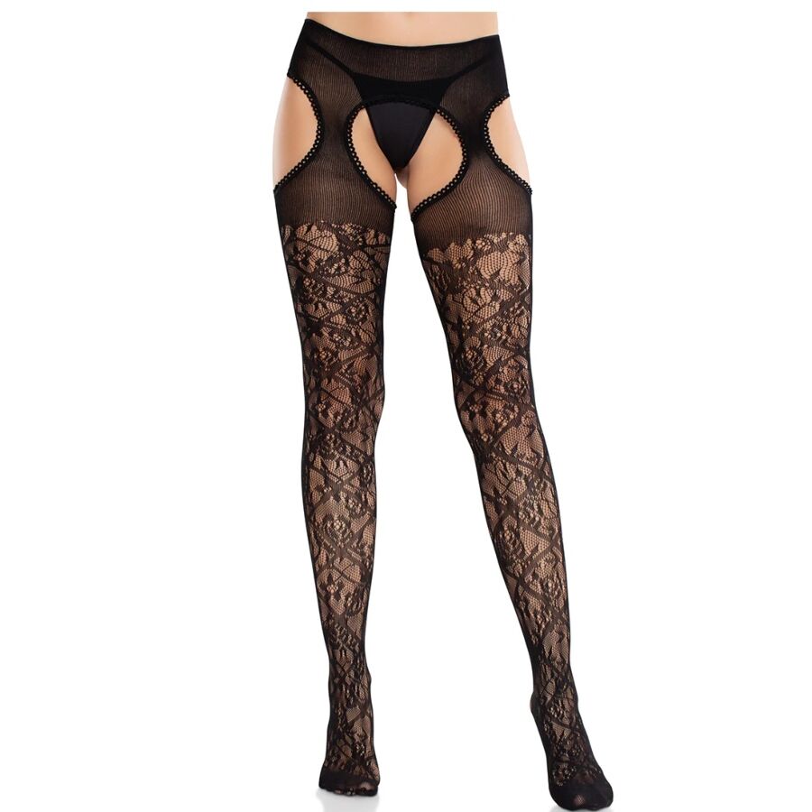 LEG AVENUE HOSIERY Bas Dentelle Florale Jarretelles United Black - Aura Intime